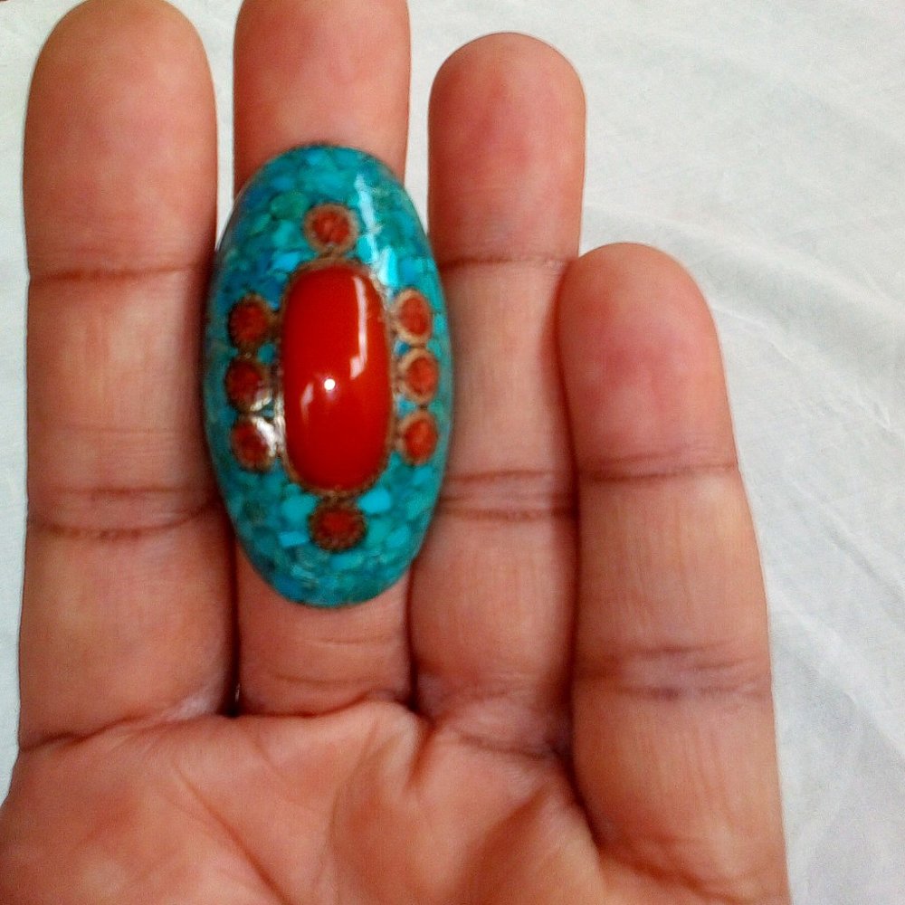 Sterling Silver Turquoise and Red Coral Tibet Ring:  Size (8.5).  New